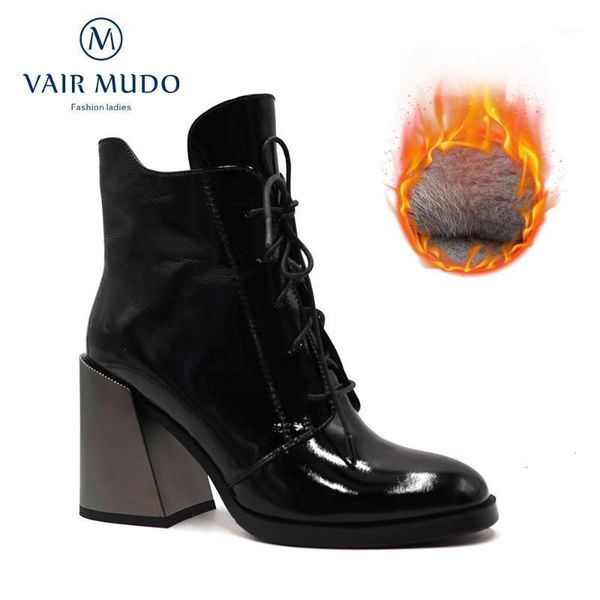 

vair mudo winter ankle boots thick heels warm boots shoes women elegant genuine leather autumn winter black dx351