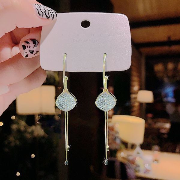 

korean dongdaemun elegant online influencer fashion design earrings 925 silver needle super fairy diamond rhinestone tassel earrings, Golden