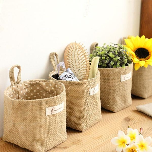 

storage baskets home decor stripe hanging pocket small sack sundries organizer cosmetic organiser cotton linen bag