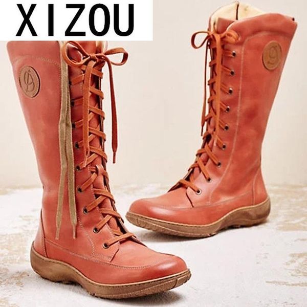 

boots 2021 women autumn vintage zipper lace up mid-calf ladies retro leather shoes woman high women's female fashion1, Black