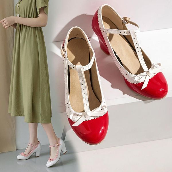 

ymechic ladies shoe spring sweet bowtie spike high heels pumps woman block heels pink white red purple princess lolita shoes 43, Black