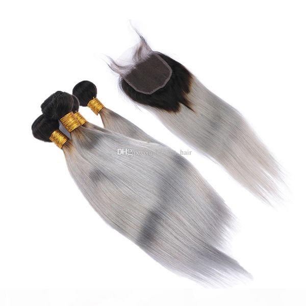 

ombre color 1b grey straight 3bundles with lace closure silky straight hair extensions with ombre colored 1b grey closure 440g, Black;brown