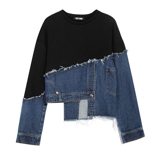 

female hoodies spring fashion clothes loose round neck denim patchwork pullover asymmetrical sweatshirt, Black