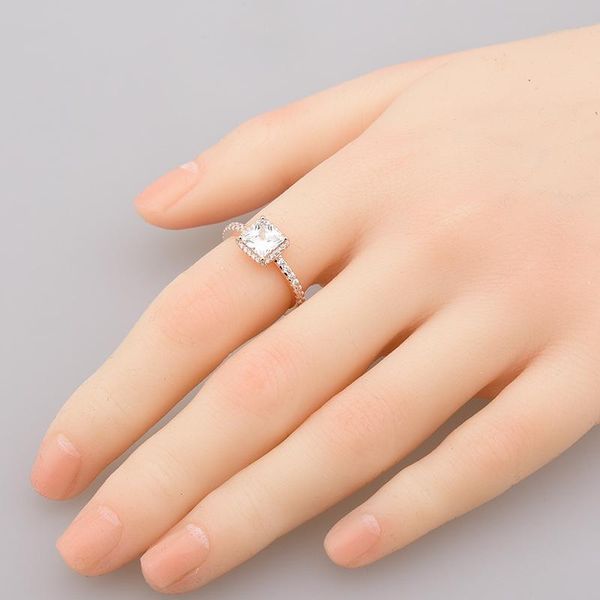 

christmas rose gold plated wedding ring cz diamond engagment jewelry for pandora 925 silver square sparkle halo ring set with original box, Slivery;golden