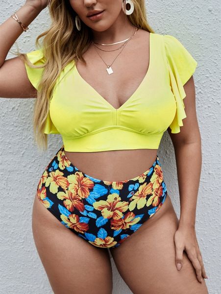 

plus floral ruffle hem bikini swimsuit r2y7#, Black