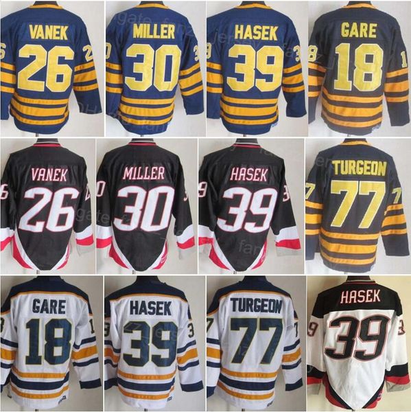 

men retro ice hockey vintage 26 thoma vanek jerseys ccm 18 danny gare 30 ryan miller 77 pierre turgeon 39 dominic hasek 16 pat lafontaine 10, Black;red