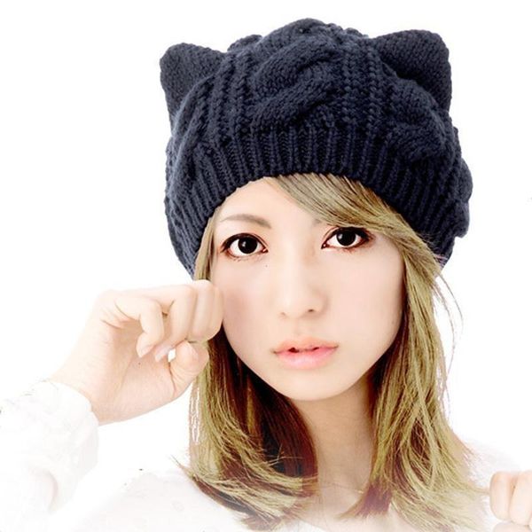 

autumn woolen beret twist winter cat ear woolen hat knitted hat warm, Blue;gray