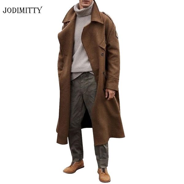 

jodimitty fashion men long jackets autumn winter thick business casual trench coat 2020 new mens long windbreaker outerwear, Tan;black