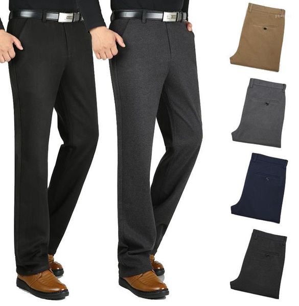 

autumn winter men thick business casual pants high waist straight anti-wrinkle wear-resisting elastic woolen trousers fashion1, Black