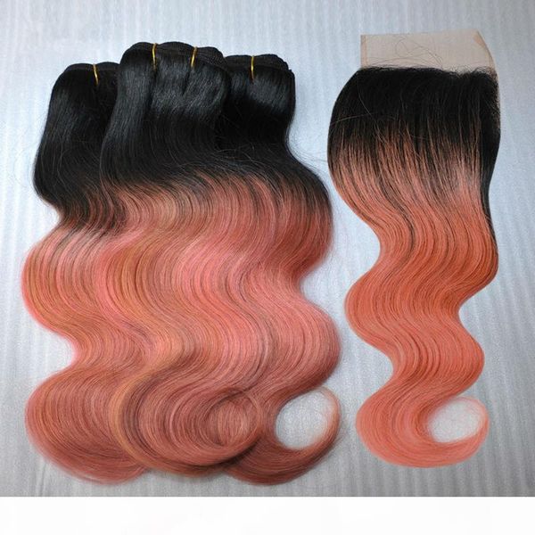 

human hair weave and 4*4 1b pink ombre color 3piece bundles with lace closure hair extension, Black;brown