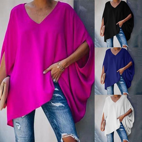 

fashion women summer elegant v neck oversized plus size lady casual solid long sleeve loose fit blouse 2020 new, White