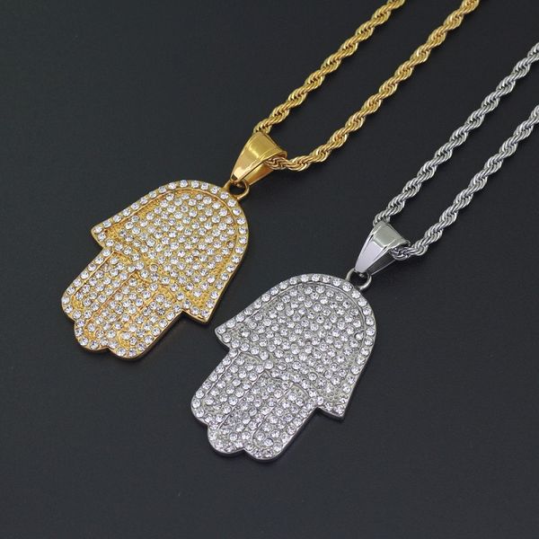 

hip hop bling twist chain 24inch women men couple gold silver color iced out hamsa hand pendant necklace with cz jewelry christmas gift