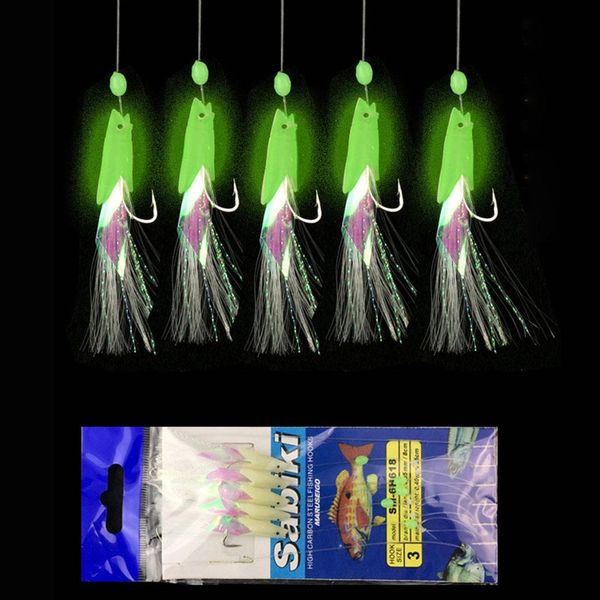

5pcs/set carbon steel mackerel feathers bass cod lure sea fishing luminous fishing hook treble bait fishing wire wmtviz