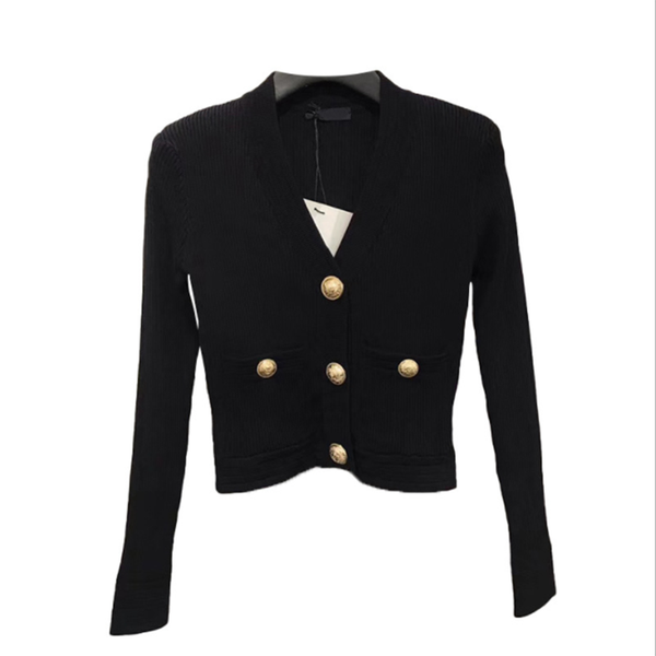 

women sweater solid color v-neck long sleeve bodycon elastic shoulder pad button knitted cardigan jacket coat female outwear, Black;brown