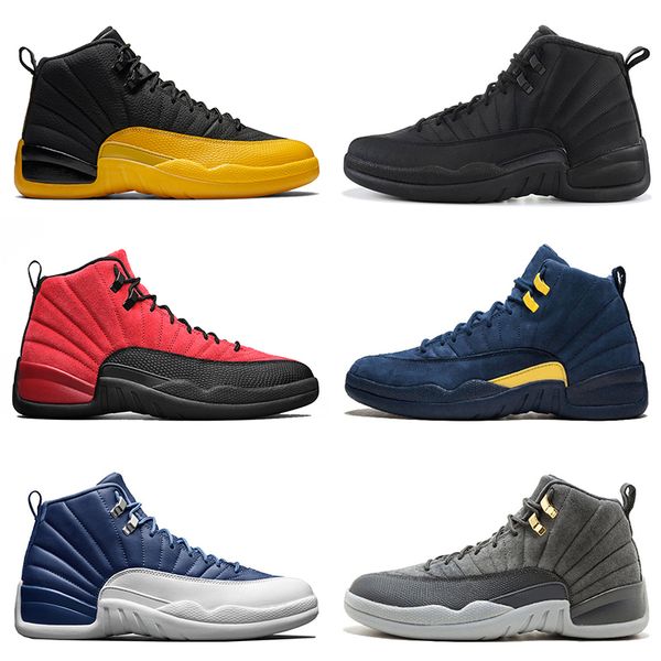 

new jumpman 12 12s basketball shoes mens womens flu game michigan dark grry black gold trainers sport sneakers 40-47, White;red