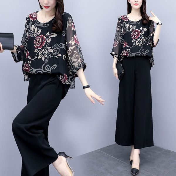 

2020 new women's summer two-piece trousers pants pantswide leg pantslarge printed chiffon and wide leg pants casual fashion suit for, Gray