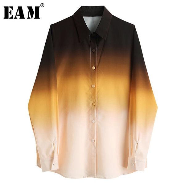 

eam] women yellow gradual color big size blouse new lapel long sleeve loose fit shirt fashion tide spring autumn 2020 1y897, White