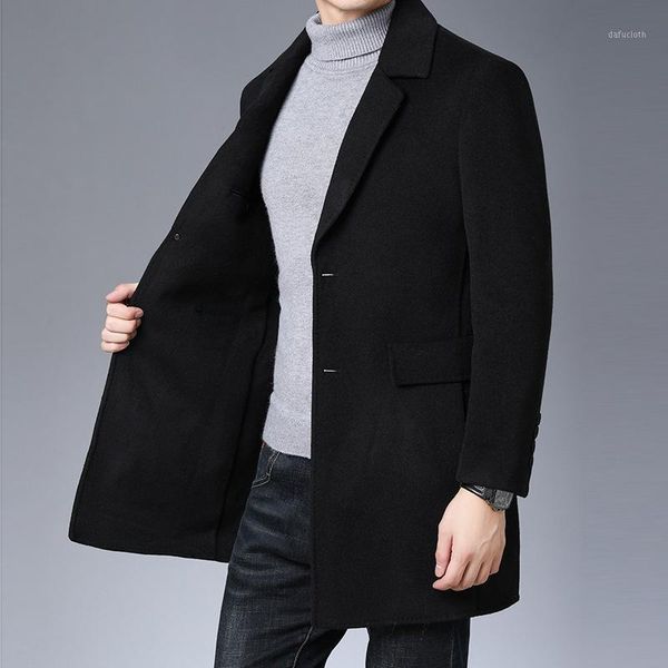 

brand double faced denim medium long woolen coat middle aged men's korean winter woolen coat1, Black