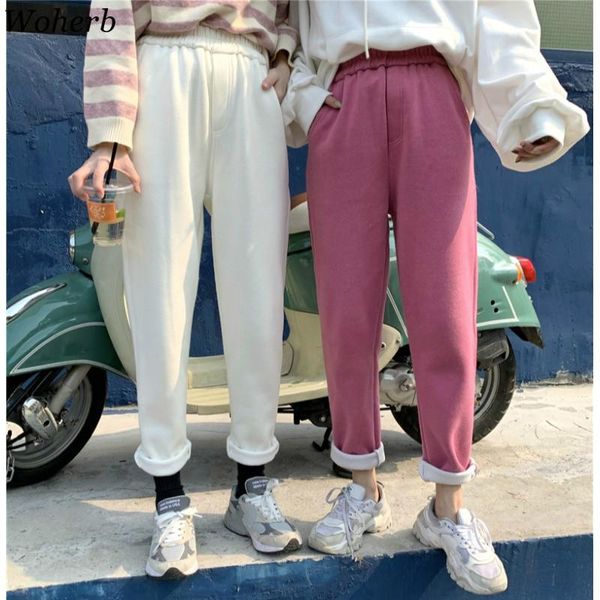 

women's pants & capris woherb autumn winter women casual harem loose trousers warm solid color korean chic high waist sweatpants baggy, Black;white