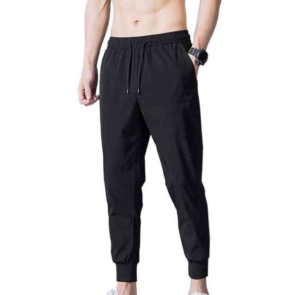 

ice silk men's breathable casual pants drawstring clothing joggers sweatpants fitness fashion ankle banded pockets trousers, Black