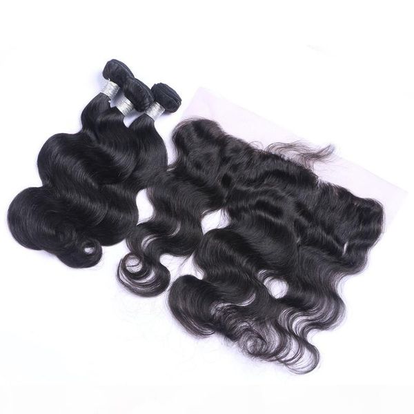 

human virgin remy hair lace frontal with 3 bundles 13x6 ear to ear lace frontal body wave brazilian human hair weaves closure, Black;brown