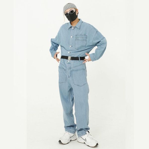

male streetwear hip hop overalls jumpsuits trousers men belt long sleeve casual denim jumpsuit cargo pant jeans1, Blue