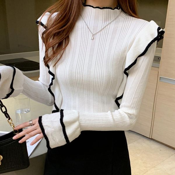 

lucyever fashion ruffles women sweater autumn long sleeve pullover knitted ladies causal slim jumper elastic sueter mujer, White;black