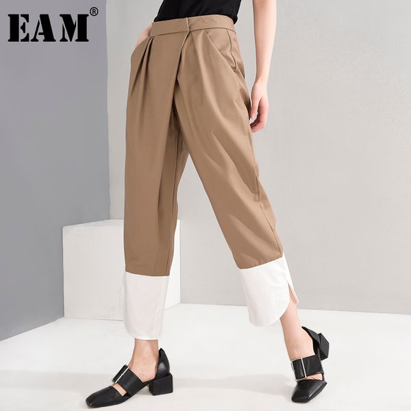 [EAM] Hohe Elastische Taille Khaki Plissee Kontrast Farbe Hosen Neue Lose Fit Hosen Frauen Mode Flut Frühling Sommer 1W16704 201109