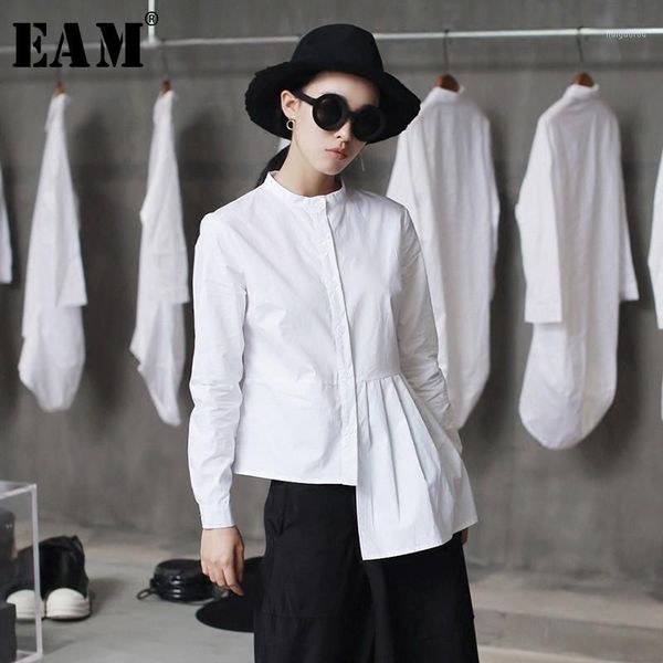 

eam] 2020 spring hem folds spliced irregular slim casual long sleeve o-neck shirt fashion new women blouse la3151, White