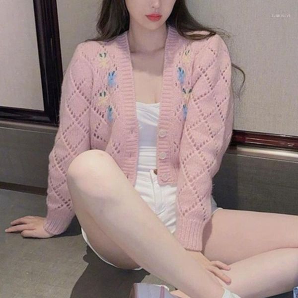 

2020 fall woman pink white knitted cardigans flower cropped sweaters1