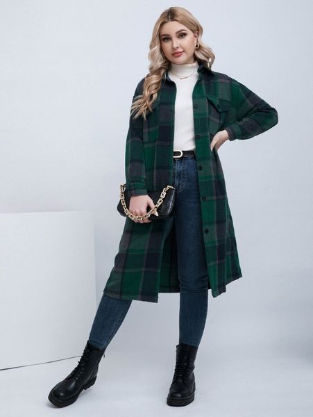 

plus plaid pattern button up flap pockets front overcoat q8au#, Black