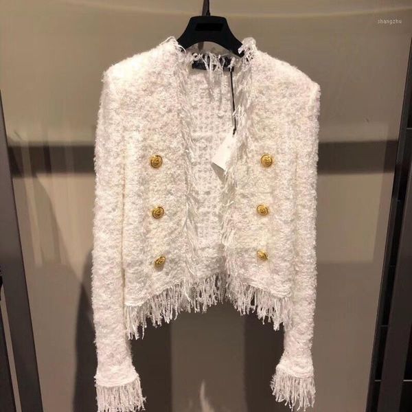 

european autumn winter coat women 2020 elegant white tassel va-neck long sleeve short wool coat jacket female1, Black
