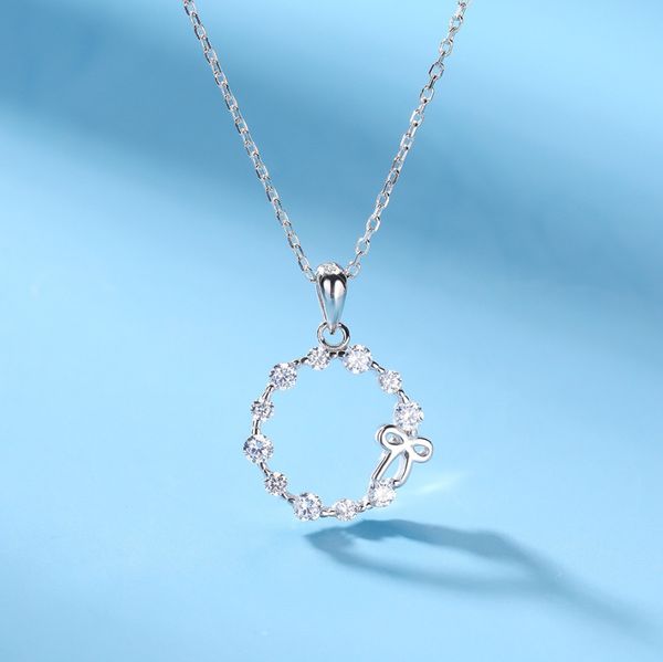 

simple and sweet zircon circle pendant necklace net red recommended s925 silver bow knot clavicle chain q0531