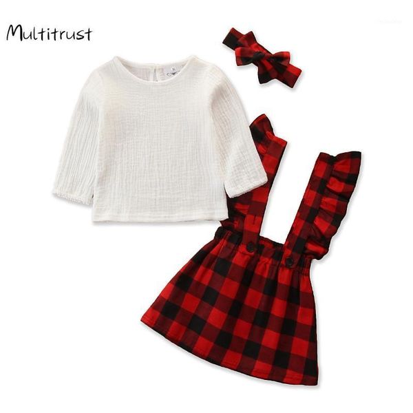 

clothing sets 2021 baby christmas girl long sleeve suspender plaid print ruffle skirt + bow headband 3pcs spring clothing1, White