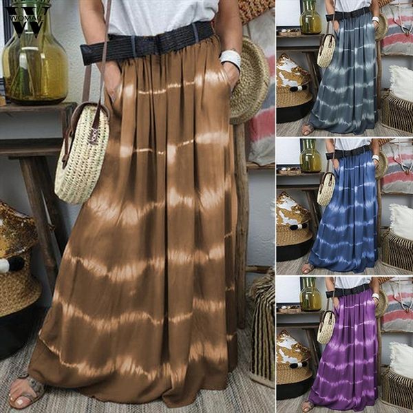 

women skirt summer 2020 boho long skirt plus size casual tie dyed gradation pocket pleated skirt long club party, Black