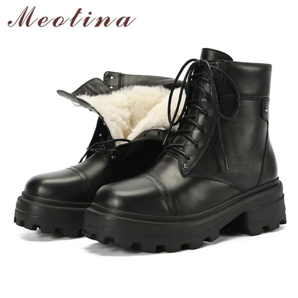

meotina real leather natural wool fur platform block high heel snow boots women ankle boots shoes rivet lace up motorcycle, Black