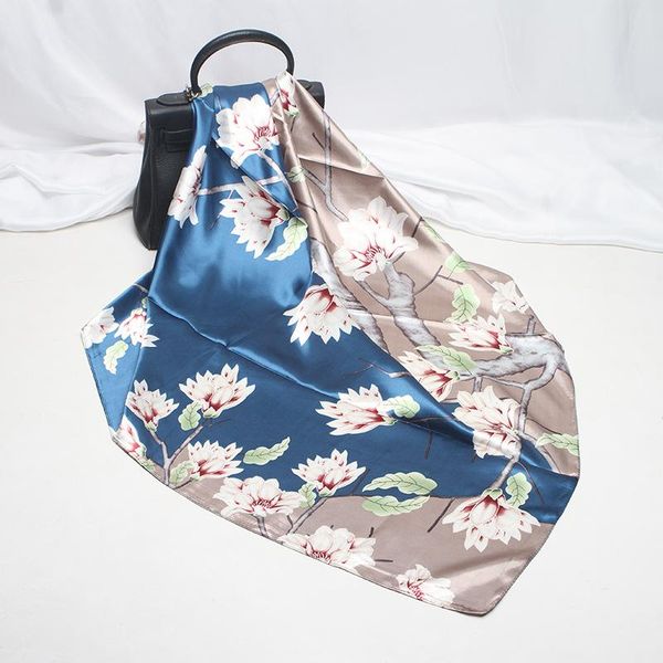 

scarves 2021 style imitated silk fabric satin 90 kerchief scarf printed spring summer decoration flower, Blue;gray