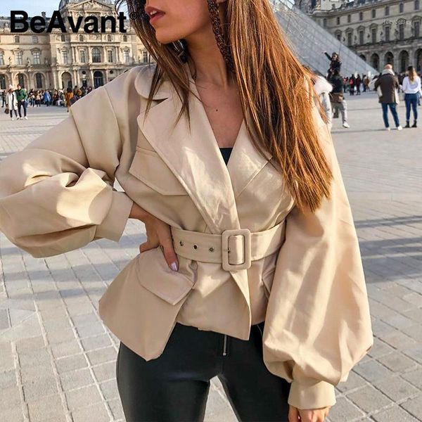 

beavent chic solid autumn jacket women notched lantern sleeve short outwear coat high waist belt coat pocket design 20201, Black;brown