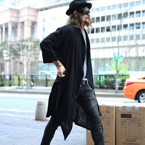

2016 novelty nightclub men's clothing male three quarter sleeve cardigan loose medium-long outerwear fashion trend cloak coat1, Tan;black