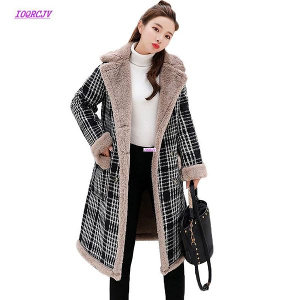 

large size plaid woolen coat female long section autumn winter 2020 new korean plus cotton velvet wool blends jacket womens w179, Black