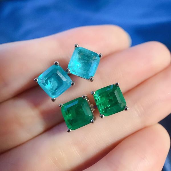

stud 100% 925 sterling silver vintage 7*7 square emerald paraiba gemstone earrings, women's engagement gift, exquisite jewelry, Golden;silver