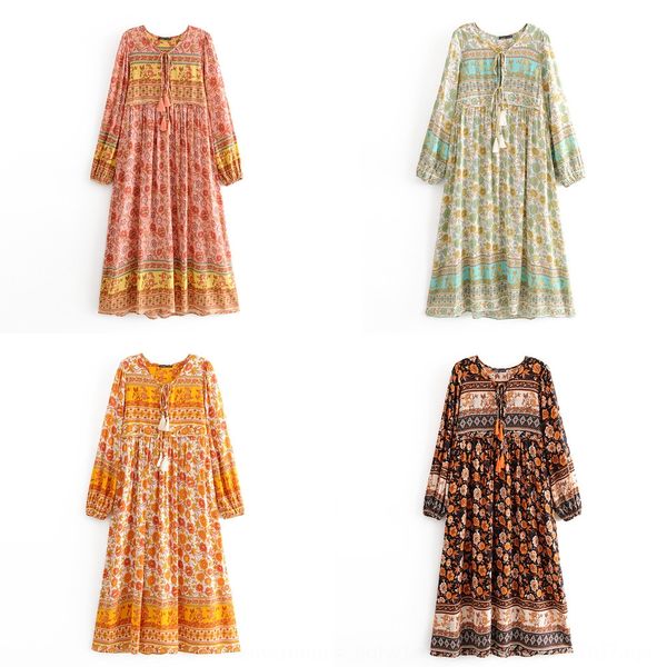 

spring 2020 women's new cotton positioning printing tassel long sleeve 8443 spring dress 2020 women's new cotton positioning print, Black;gray