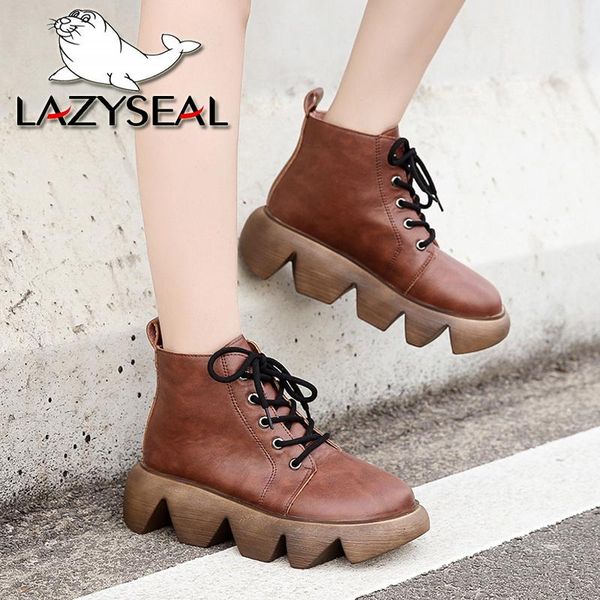 

lazyseal plus big size 43 ankle boots for women shoes 5.5cm wave chunky sole female lace up shoes women's boot ladies footwear, Black