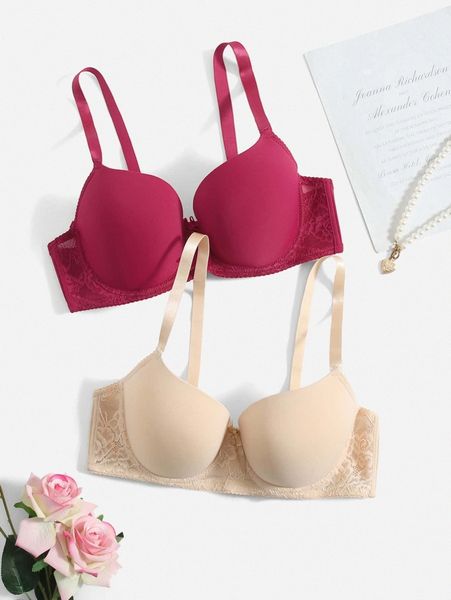 

plus plain contrast floral lace underwire bra l7rs#, Black;white