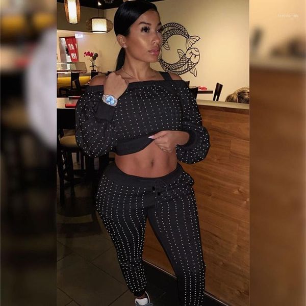 

pcs women's long sleeve sportswear, solid color off shoulder elastic rhinestones crop tight-fitting pant outfit set1 women's trac, Gray