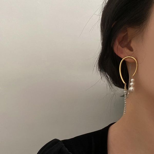 

dangle & chandelier korean style round imitation pearl long tassel earrings for women 2021 gold color alloy chain irregular geometric drop, Silver