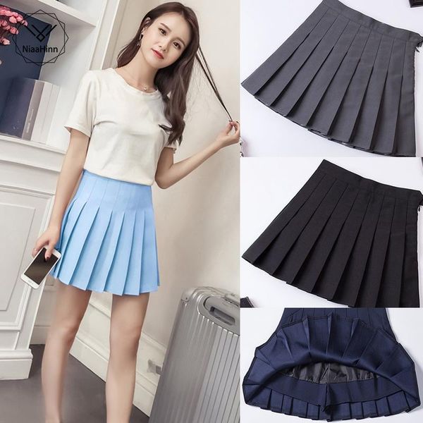 

large size pleated skirt harajuku preppy style solid skirts mini cute japanese school uniforms ladies kawaii skirt gray blue1, Black
