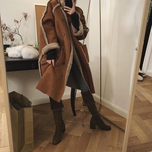 

winter women's coat casual solid color lapel long sleeve pocket decoration double-breasted fur coat, Black