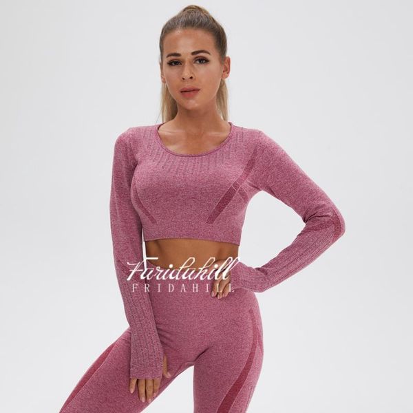 

yoga outfits women seamless set sport suit fitness long sleeve pink gym crop high waist leggings, White;red
