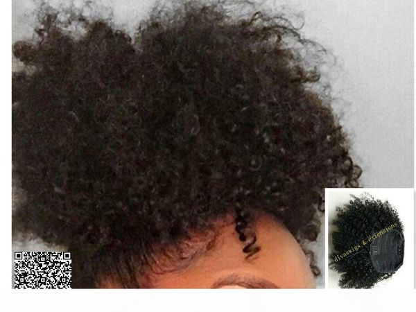 

kinky curly drawstring ponytail fashion women extensions clip ins natral color human ponytail hairpiece 100g-160g one bundle, Black